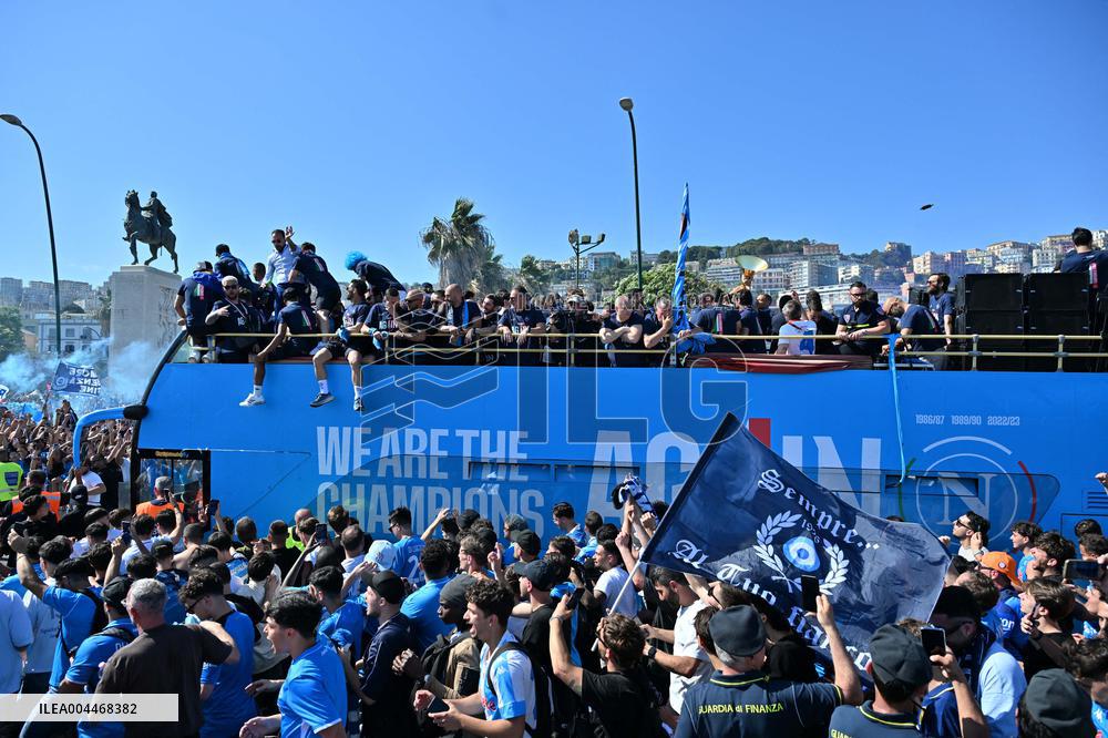 Napoli Team Bus Parades Along Seafront with Fans - Italy