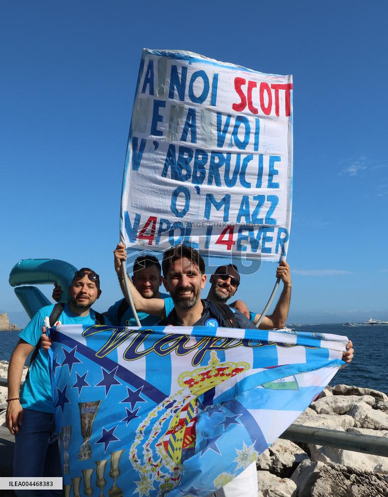 Napoli Team Bus Parades Along Seafront with Fans - Italy