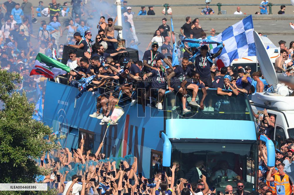 Napoli Team Bus Parades Along Seafront with Fans - Italy
