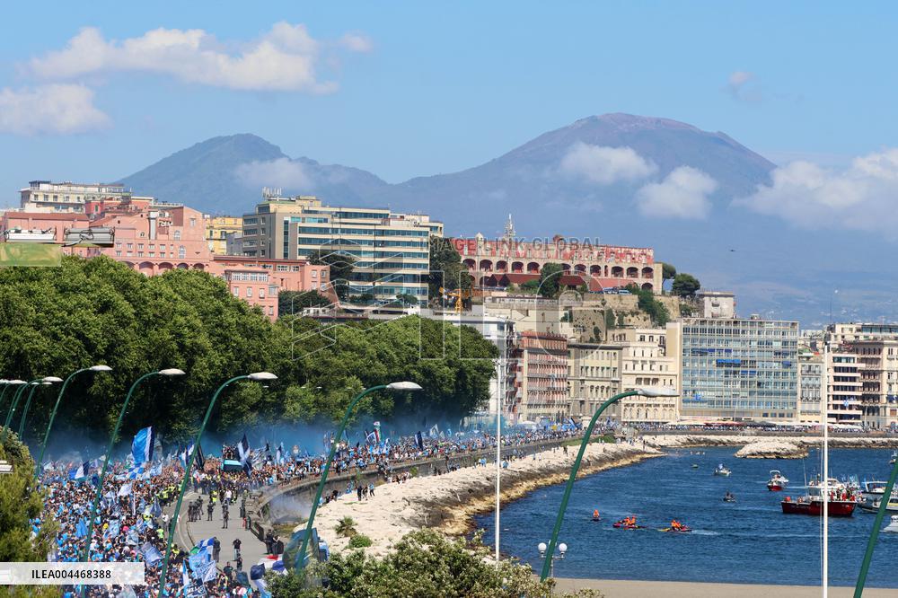 Napoli Team Bus Parades Along Seafront with Fans - Italy