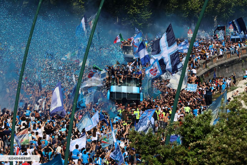Napoli Team Bus Parades Along Seafront with Fans - Italy