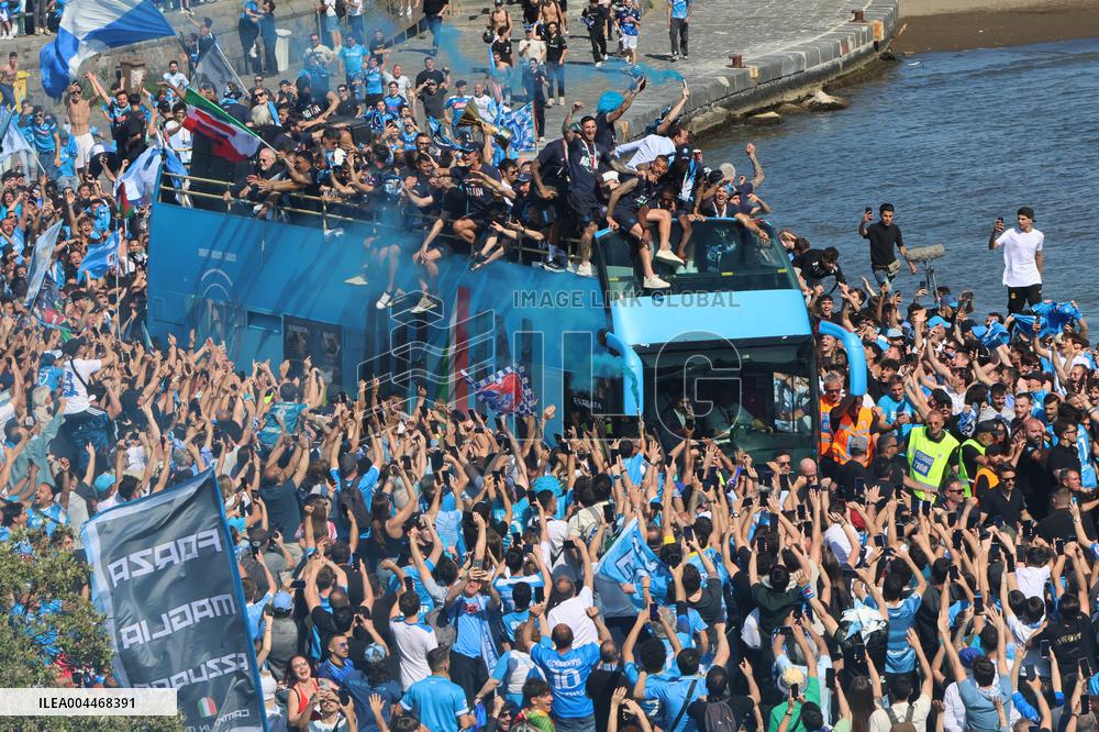Napoli Team Bus Parades Along Seafront with Fans - Italy