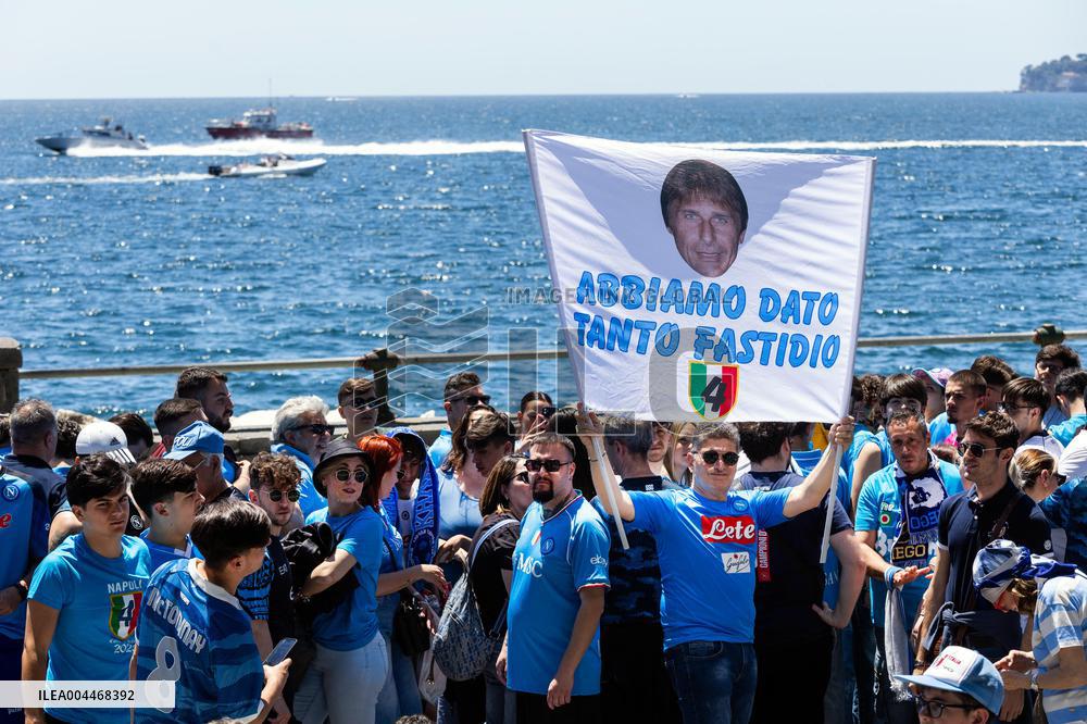 Napoli Team Bus Parades Along Seafront with Fans - Italy