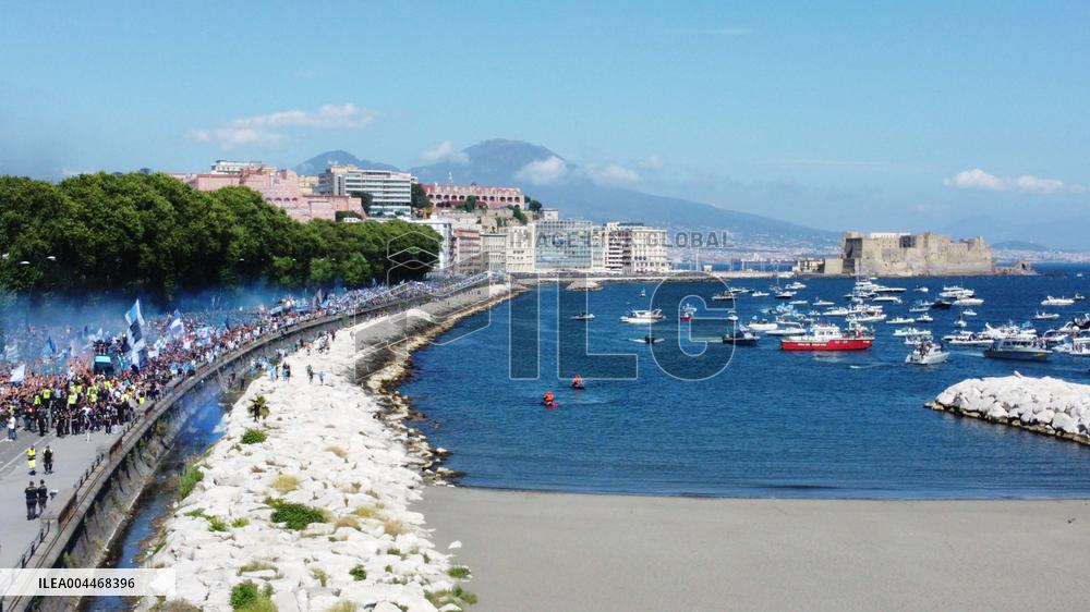 Napoli Team Bus Parades Along Seafront with Fans - Italy