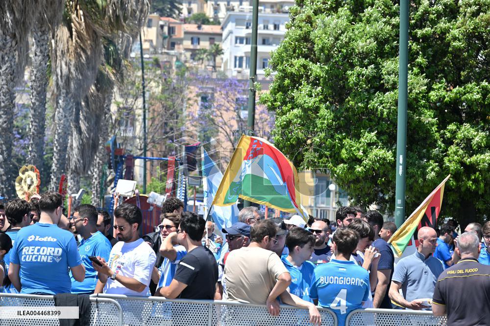 Napoli Team Bus Parades Along Seafront with Fans - Italy