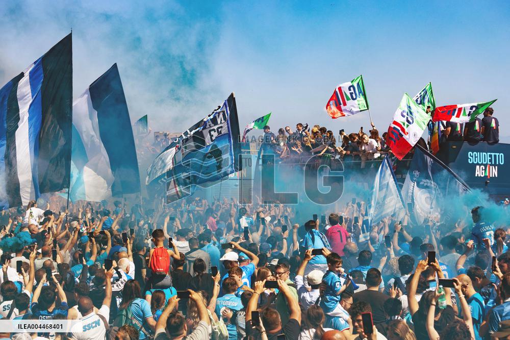 Napoli Team Bus Parades Along Seafront with Fans - Italy