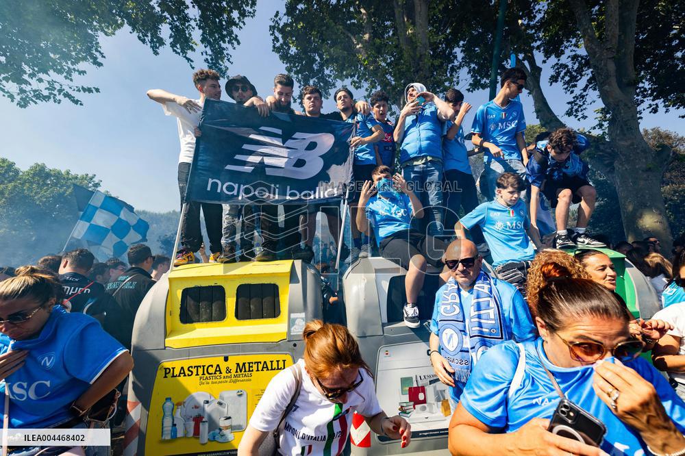 Napoli Team Bus Parades Along Seafront with Fans - Italy