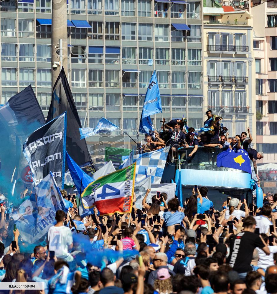 Napoli Team Bus Parades Along Seafront with Fans - Italy