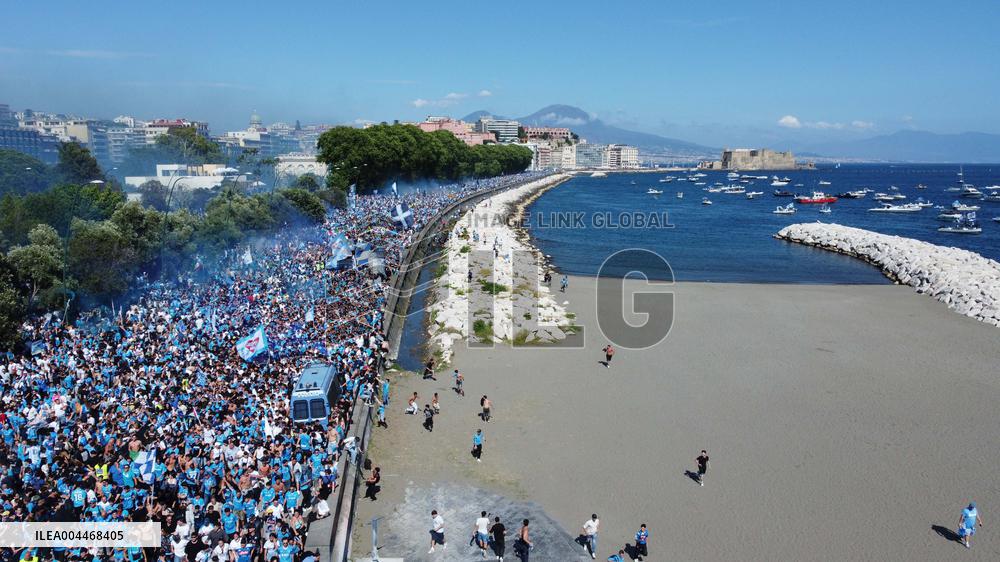 Napoli Team Bus Parades Along Seafront with Fans - Italy