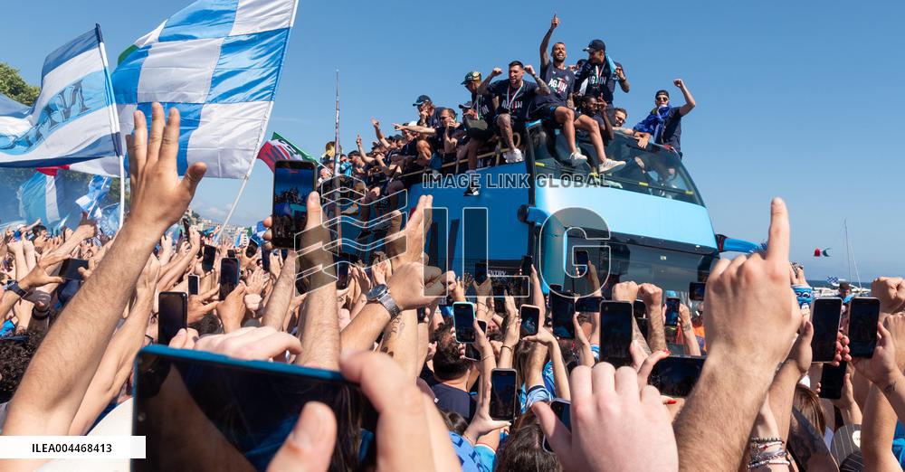 Napoli Team Bus Parades Along Seafront with Fans - Italy