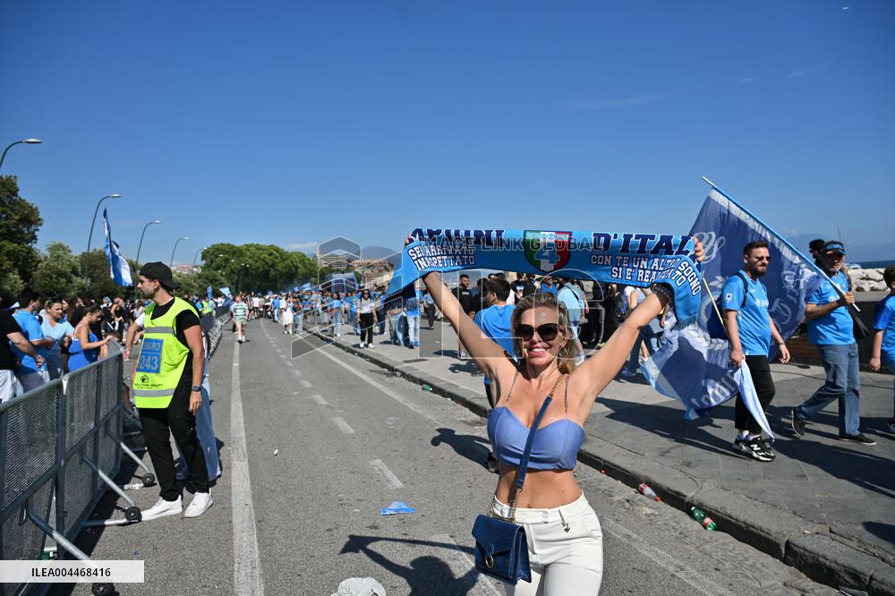 Napoli Team Bus Parades Along Seafront with Fans - Italy