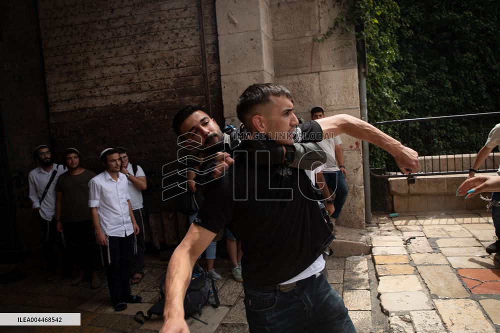 Far-Right Israeli Activists Clash with A Palestinian Man - Jerusalem