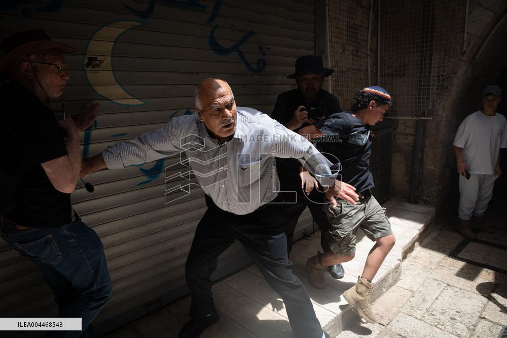 Far-Right Israeli Activists Clash with A Palestinian Man - Jerusalem
