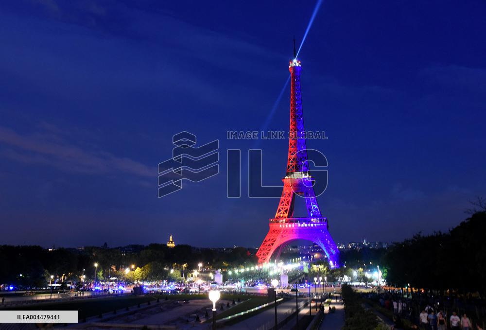 Eiffel Tower in the colors of Paris Saint-Germain - Paris