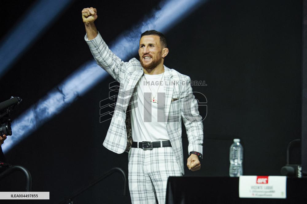 Merab Dvalishvili Gestures During the UFC 316 Press Conference
