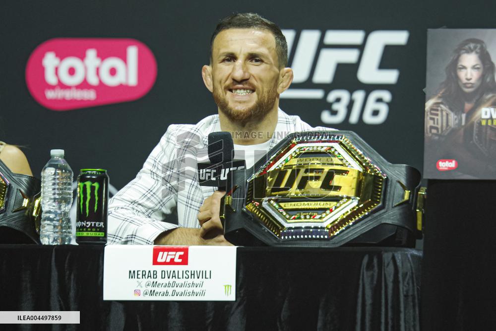 Merab Dvalishvili Gestures During the UFC 316 Press Conference