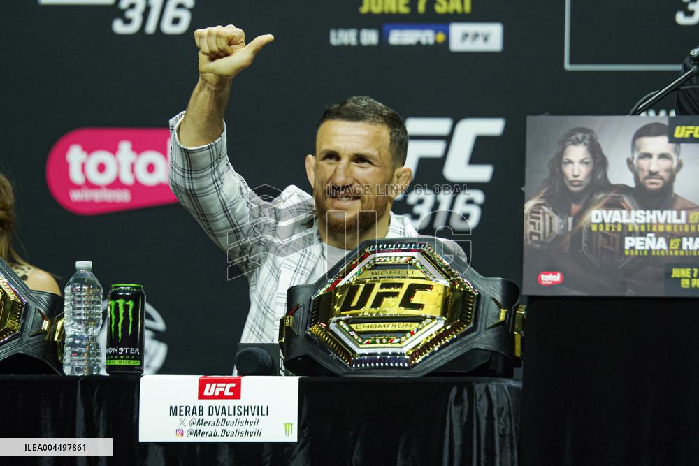 Merab Dvalishvili Gestures During the UFC 316 Press Conference