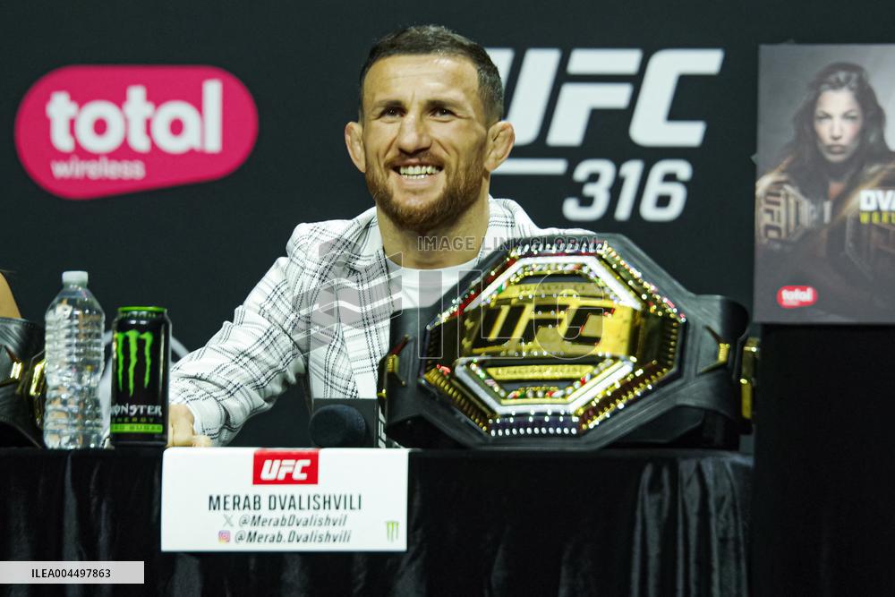 Merab Dvalishvili Gestures During the UFC 316 Press Conference