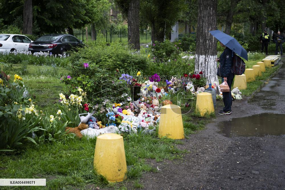 A memorial of a family killed in Russian missile strike