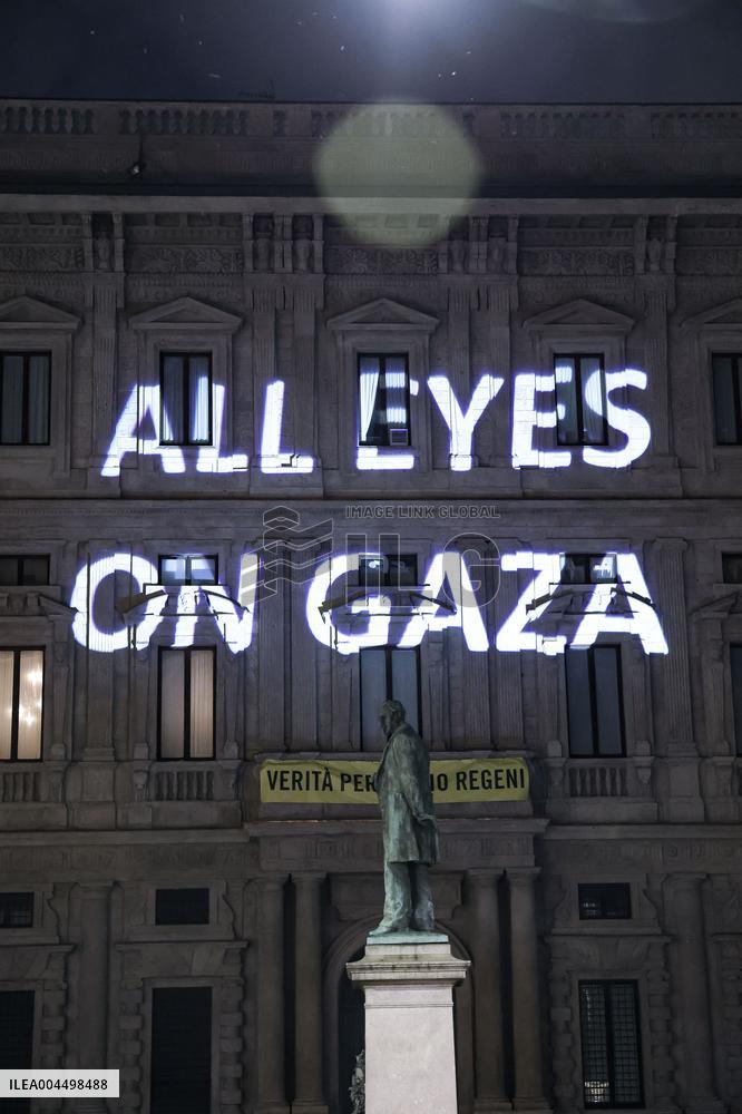 Protest Message All Eyes on Gaza Projected in Milan