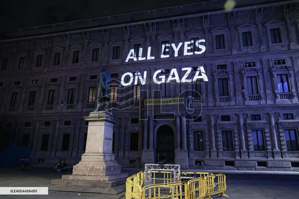 Protest Message All Eyes on Gaza Projected in Milan