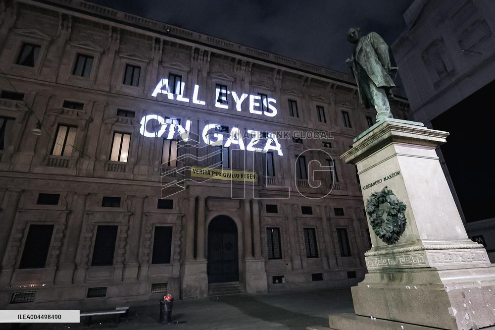 Protest Message All Eyes on Gaza Projected in Milan