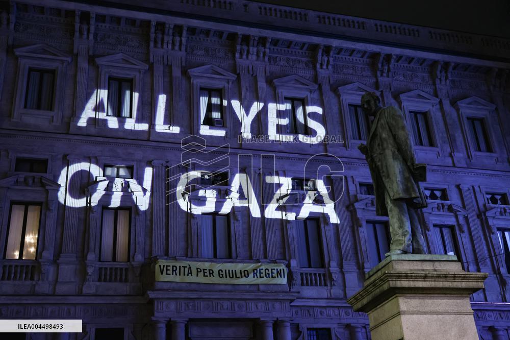 Protest Message All Eyes on Gaza Projected in Milan