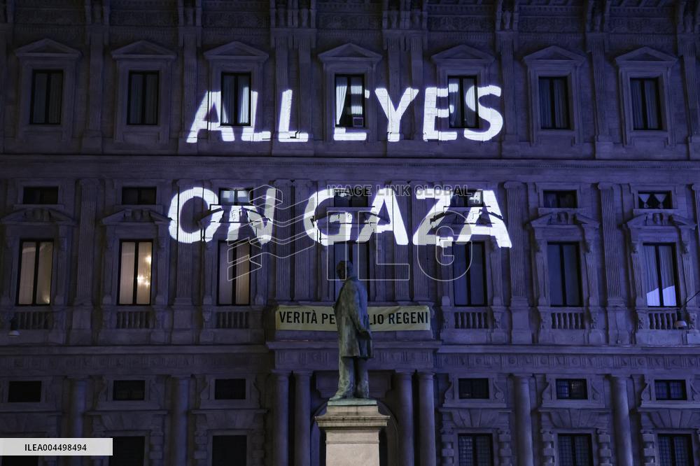 Protest Message All Eyes on Gaza Projected in Milan