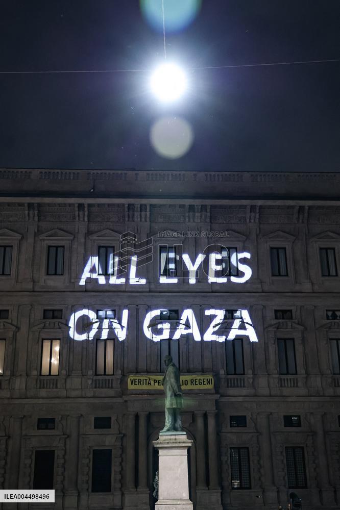 Protest Message All Eyes on Gaza Projected in Milan