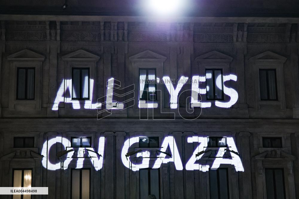 Protest Message All Eyes on Gaza Projected in Milan