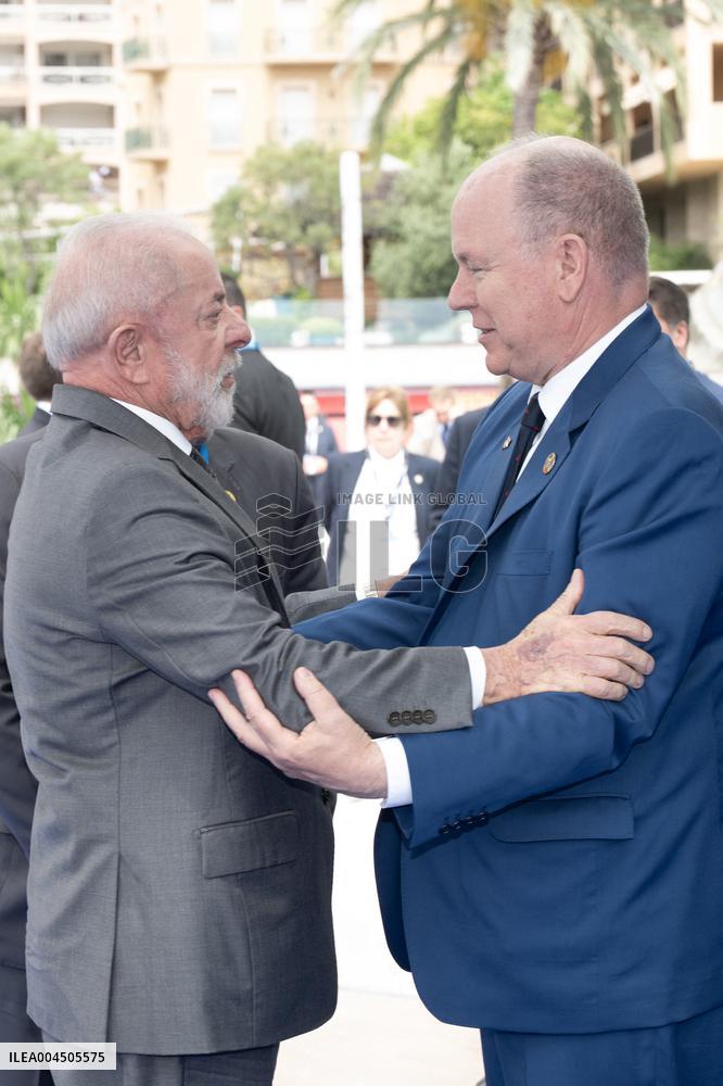 NO TABLOIDS - President Macron Visits Monaco With Prince Albert II