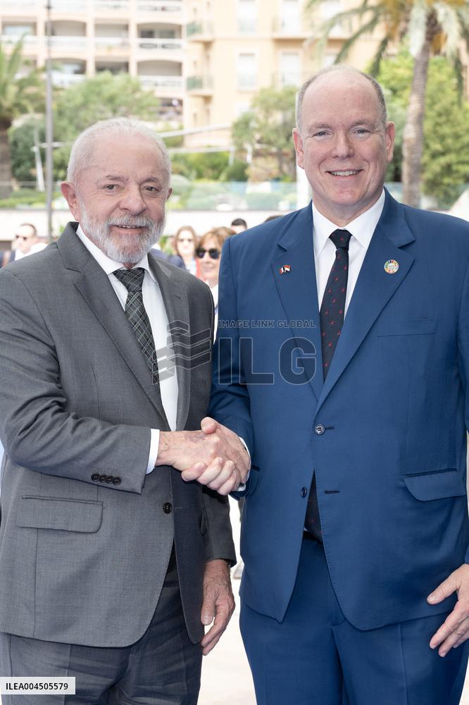 NO TABLOIDS - President Macron Visits Monaco With Prince Albert II
