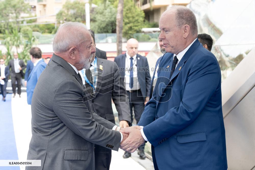 NO TABLOIDS - President Macron Visits Monaco With Prince Albert II
