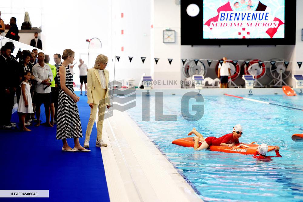 NO TABLOIDS - Brigitte Macron and Princess Charlene at the Water Safety Day Event
