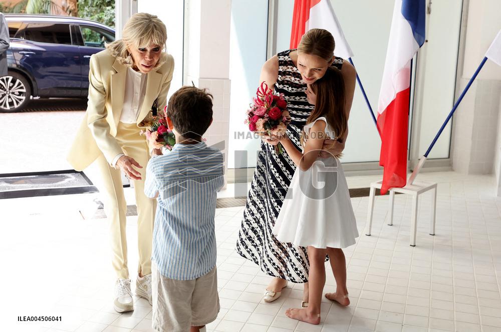 NO TABLOIDS - Brigitte Macron and Princess Charlene at the Water Safety Day Event