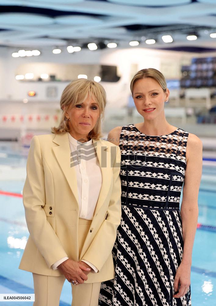 NO TABLOIDS - Brigitte Macron and Princess Charlene at the Water Safety Day Event