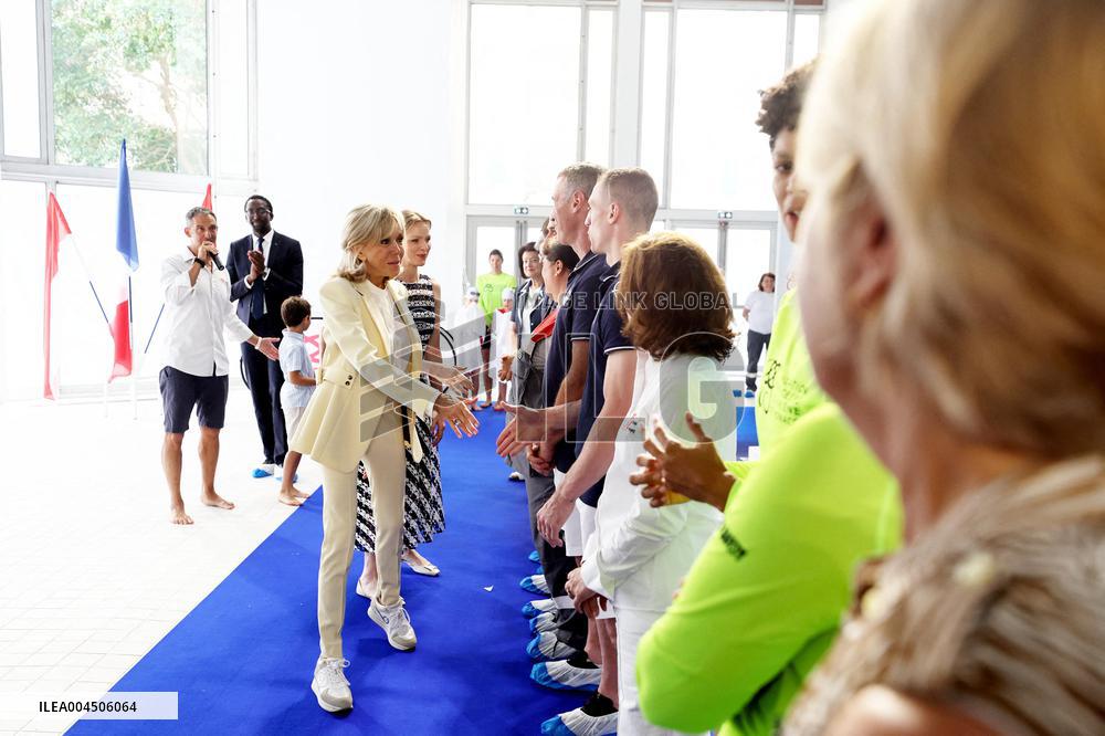 NO TABLOIDS - Brigitte Macron and Princess Charlene at the Water Safety Day Event