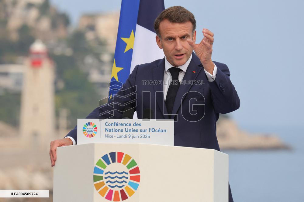 Macron during a press conference at UNOC3 - Nice