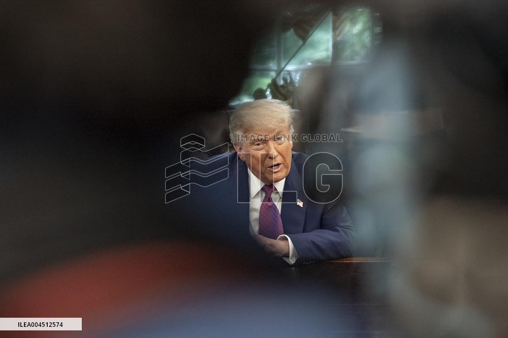 US Presdient Trump Speaks in the Oval Office at the White House on Fires and LA Protests