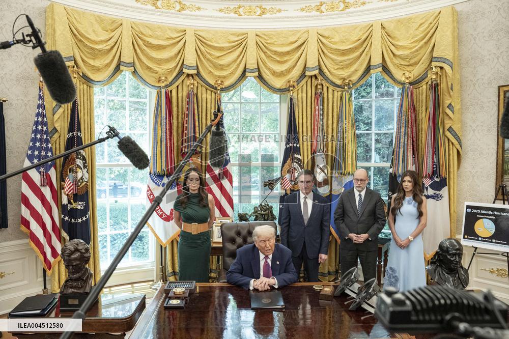 US Presdient Trump Speaks in the Oval Office at the White House on Fires and LA Protests