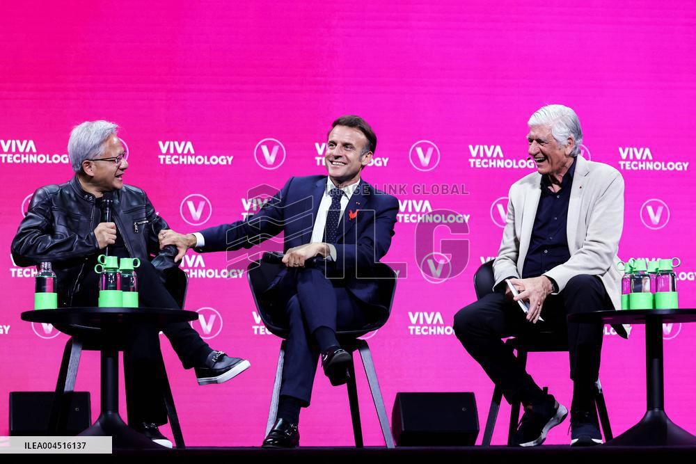 President Macron Debates With Arthur Mensch And Jensen Huang - Paris