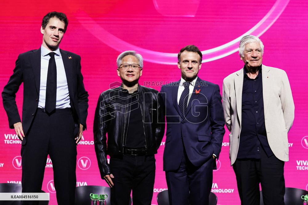 President Macron Debates With Arthur Mensch And Jensen Huang - Paris