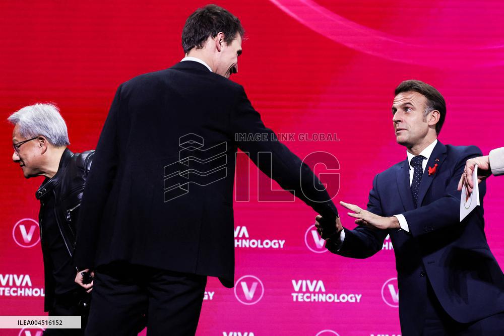 President Macron Debates With Arthur Mensch And Jensen Huang - Paris