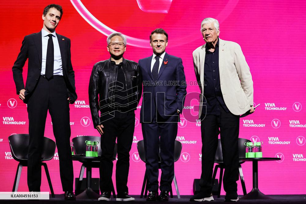 President Macron Debates With Arthur Mensch And Jensen Huang - Paris