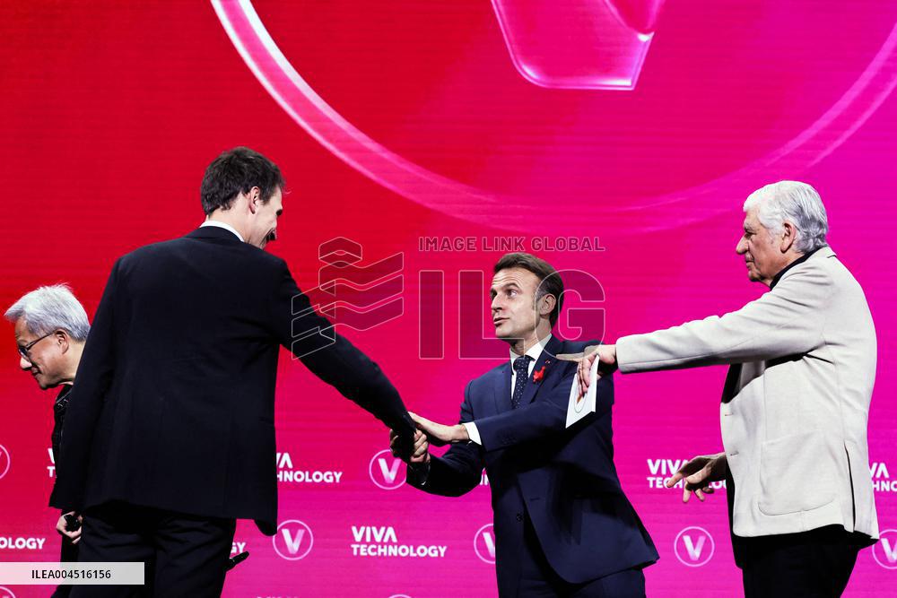 President Macron Debates With Arthur Mensch And Jensen Huang - Paris