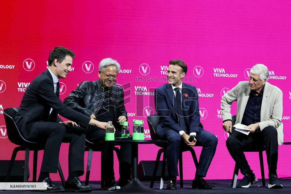 President Macron Debates With Arthur Mensch And Jensen Huang - Paris