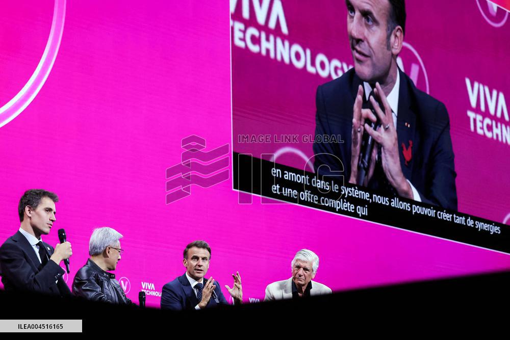 President Macron Debates With Arthur Mensch And Jensen Huang - Paris