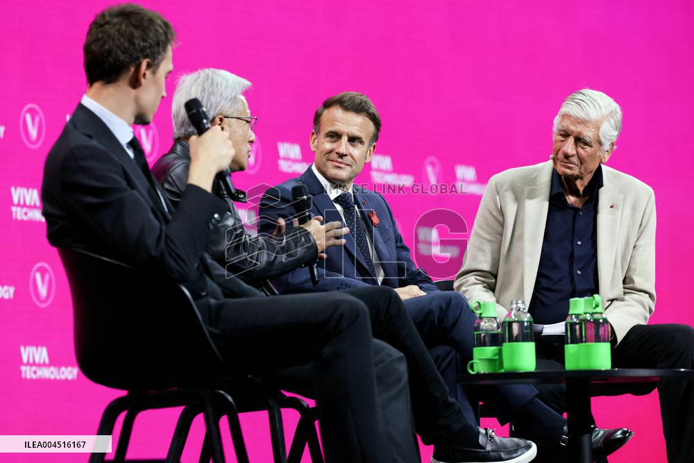 President Macron Debates With Arthur Mensch And Jensen Huang - Paris