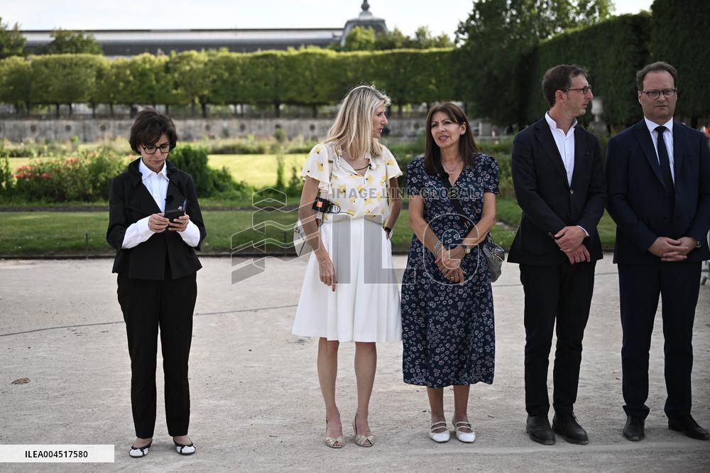 Macron Visits The Olympic Cauldron Reinstallation Site - Paris
