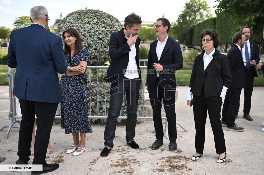 Macron Visits The Olympic Cauldron Reinstallation Site - Paris